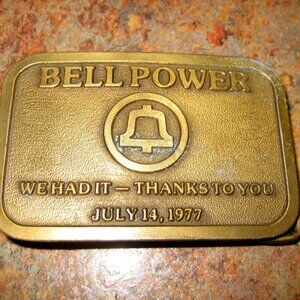 VINTAGE HIT LINE USA BRASS 1977 BELL POWER BELT BUCKLE